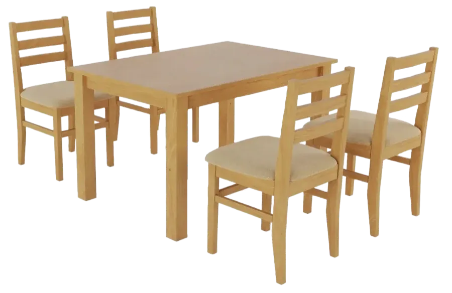 Juego de comedor de madera con mesa y cuatro sillas tapizadas