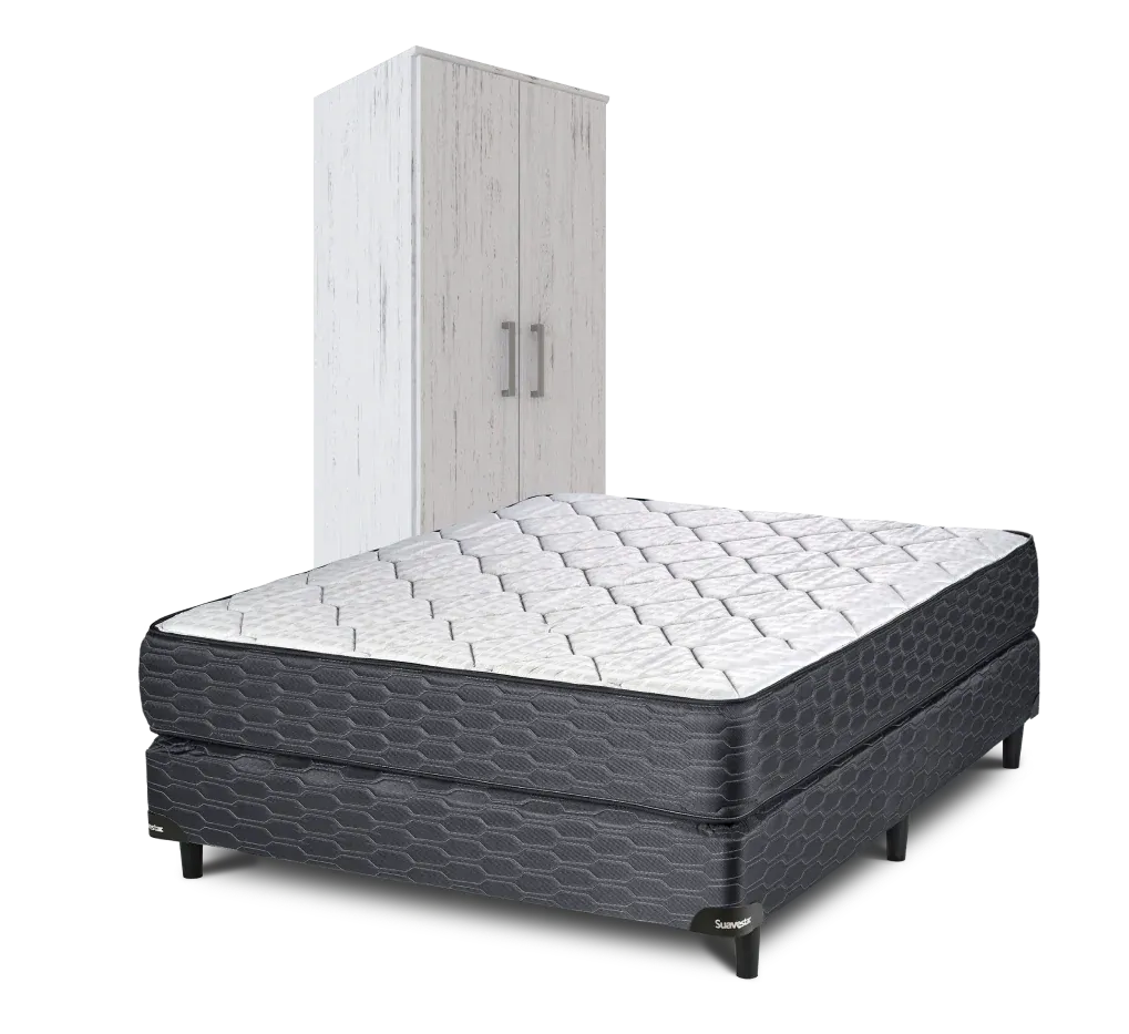 Sommier Suavestar con colchón blanco acolchado junto a un placard blanco